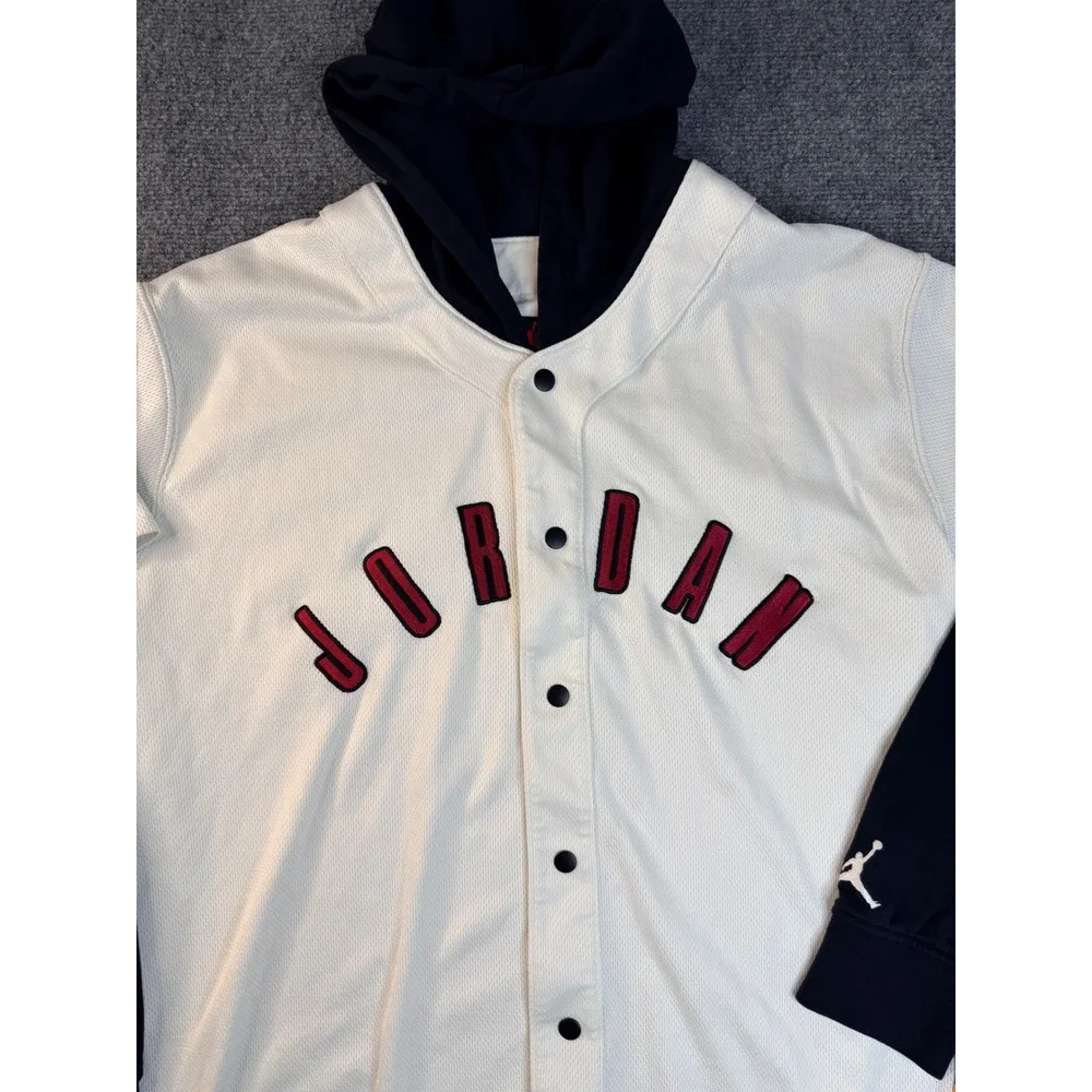 Jordan Mens XXL White Black Hooded Baseball Jersey Mesh Snap Front Shacket June - Picture 2 of 8